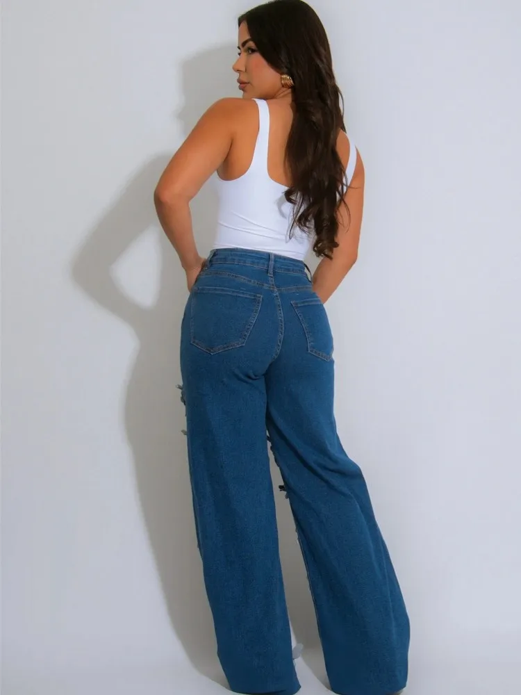 Women High Waist Wide Leg Pants Hole Straight Pants Long Jeans Casual Trendy Trousers 2025 Autumn Winter New Denim Trousers