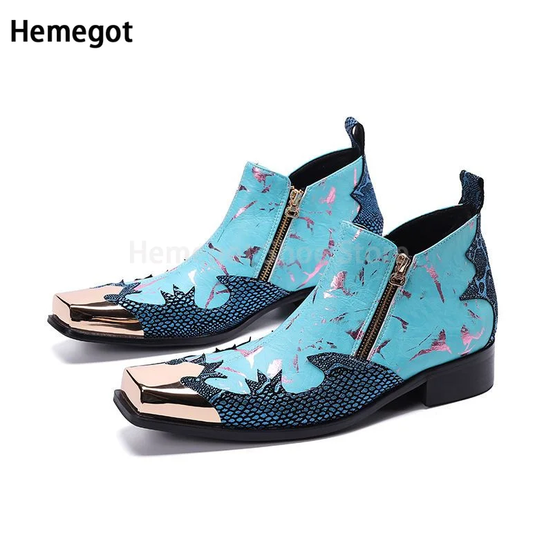 

Square Iron Toe Blue Graffiti Chelsea Boots Autumn and Winter New British Leather Boots Nightclub Barber Fashion Men's Boots