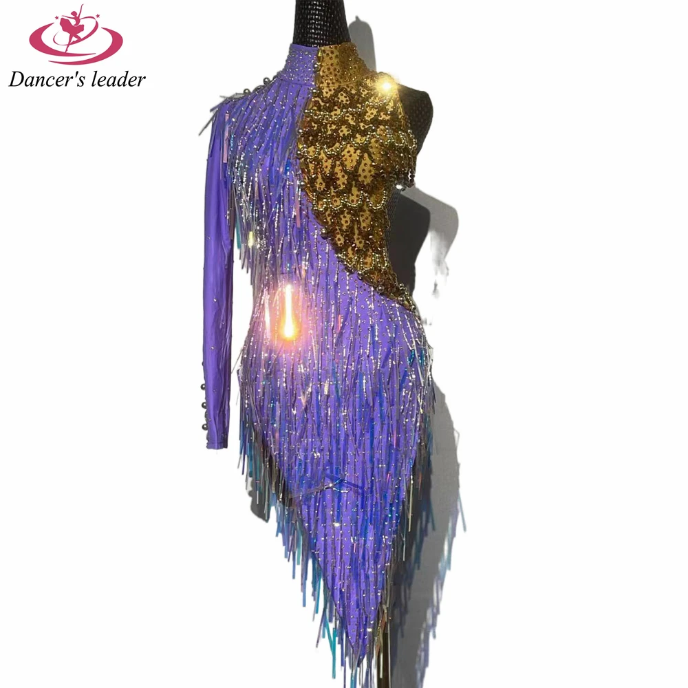 Latin Dance Dress High-end Custom Half Sleeve Color Contrast Diamond Tassel Cha Cha Tango Stage Professional Clothing