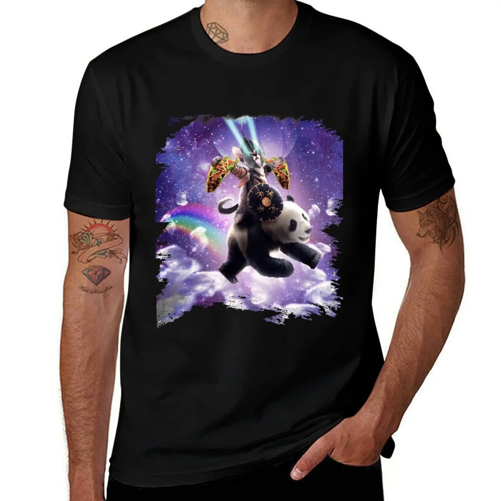 

Lazer Warrior Space Cat Riding Panda With Taco T-Shirt Soft Basic Cotton Short Sleeve Tee