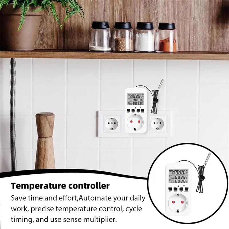THIVN-Digital Temperature Controller Sockets,16A Heating Cooling Thermostat Socket With Sensor For Greenhouse EU Plug
