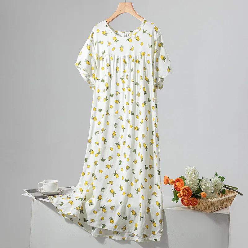 Home Dress Summer Pajama Dress Round Collar Nightdress Printing Nightie Short Sleeve Sleepwear Women\'s Home Clothes Nightgowns