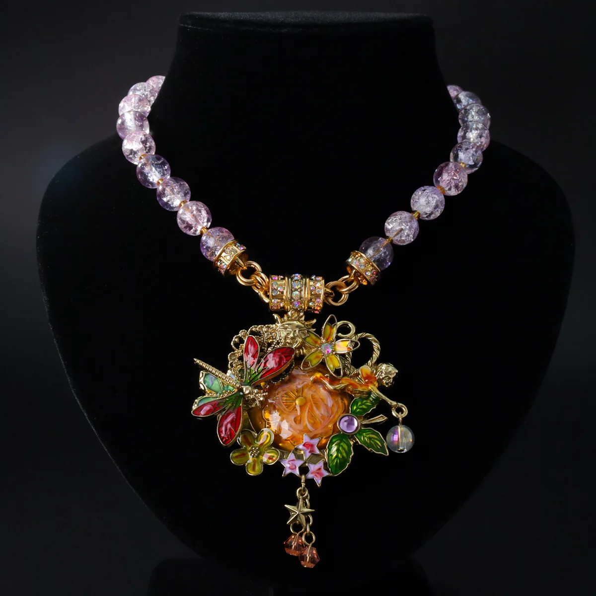 Vintage Necklace for Women Luxury Fairy Garden Purple Beaded Chain with Butterfly Floral Enamel Pendant Charms for Party