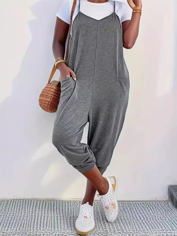 

Women Solid Color Pocket Jumpsuits 2025 Summer Simple Style Suspender Trousers Loose Casual Jumpsuit Slings Female New Clothing