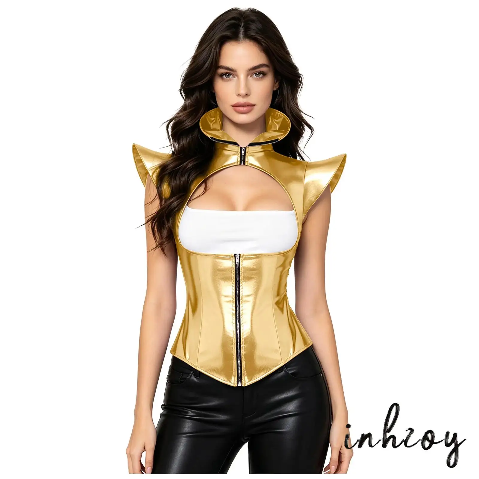 

Women Halloween Cosplay Top Metallic Shiny Armor Stand Collar Fly Sleeve Front Cutout Zip Bustier Crop Corset for Party Clubwear