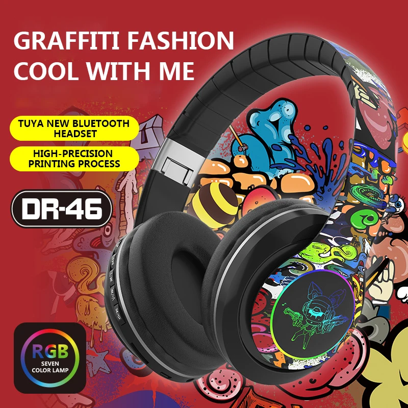 (Christmas gifts) Glowing Bluetooth Headphones Graffiti Wireless Earphones HD Mic Noise Reduction HiFi Deep Bass gamer headsets