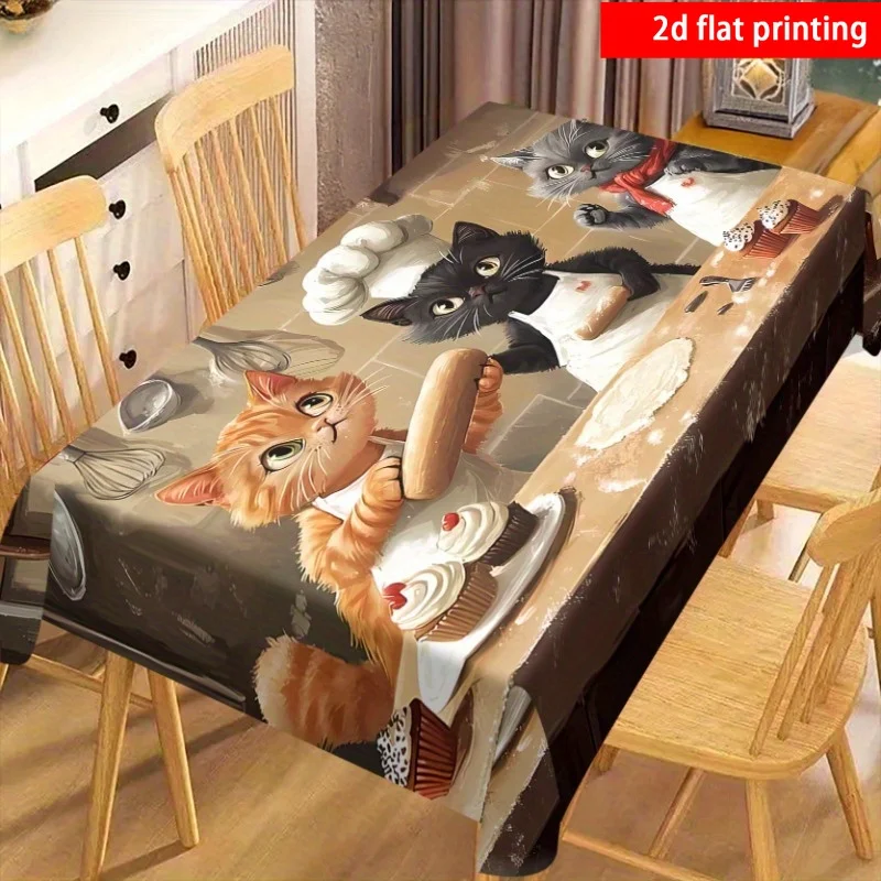 A kitten is featured on the printed tablecloth in the scene of making cakes.