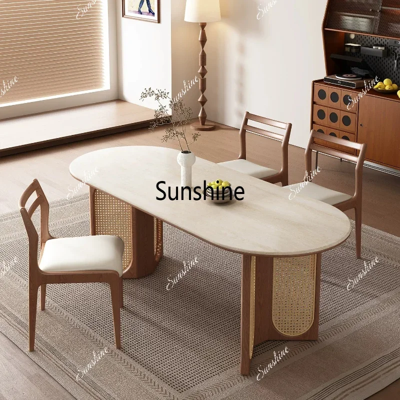 Vintage-style solid wood dining table, living room travertine stone slab rattan dining tableTJ