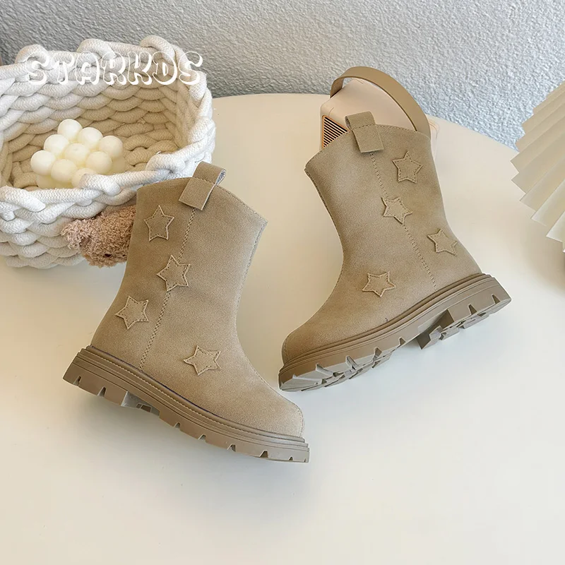 Star Patches Faux Suede Leather Western Boots Kid Girl Side Zipper Cowboy Booties Child Thick Sole Round Toe Warm Plush Botas