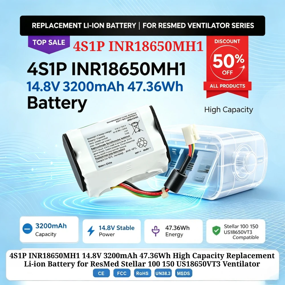 4S1P INR18650MH1 14.8V 3200mAh 47.36Wh High Capacity Replacement Li-ion Battery for ResMed Stellar 100 150 US18650VT3 Ventilator