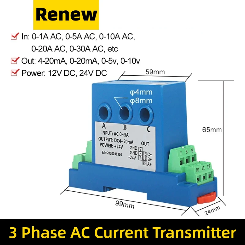 

Three Phase Split Core Hall Current Sensor AC 5A 10A 20A 30A To 0-10V 4-20mA Analog Signal Converter Current Transmitter