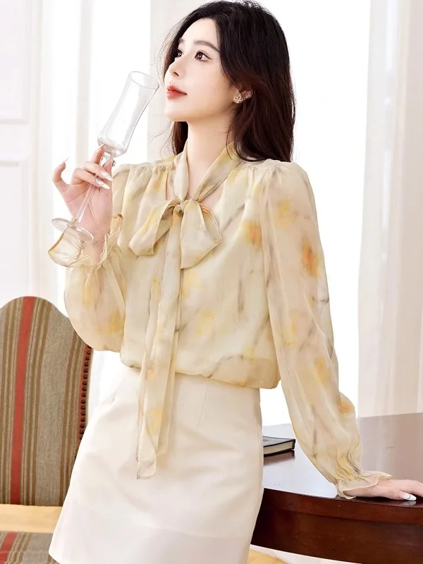 

Модный шифоновый топ с длинными рукавами, женская осенне-зимняя элегантная блузка с принтом, прямого кроя, из полиэфирного волокна