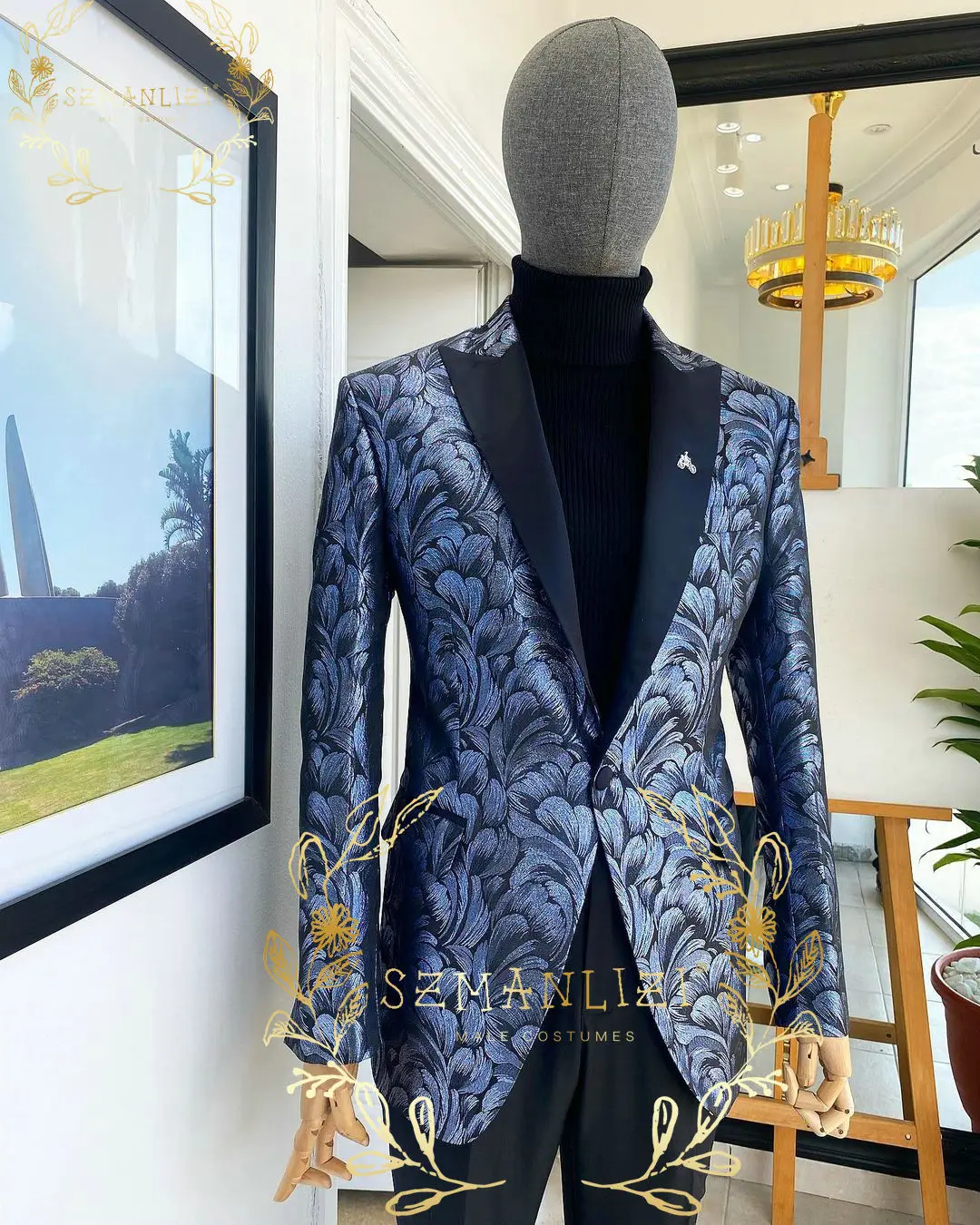 

2023 Robe De Mariée Tailor-Made Blue Floral Wedding Men Suits Peaked Lapel Tuxedo Jacket Suit Groom Party Blazer Terno Masculino