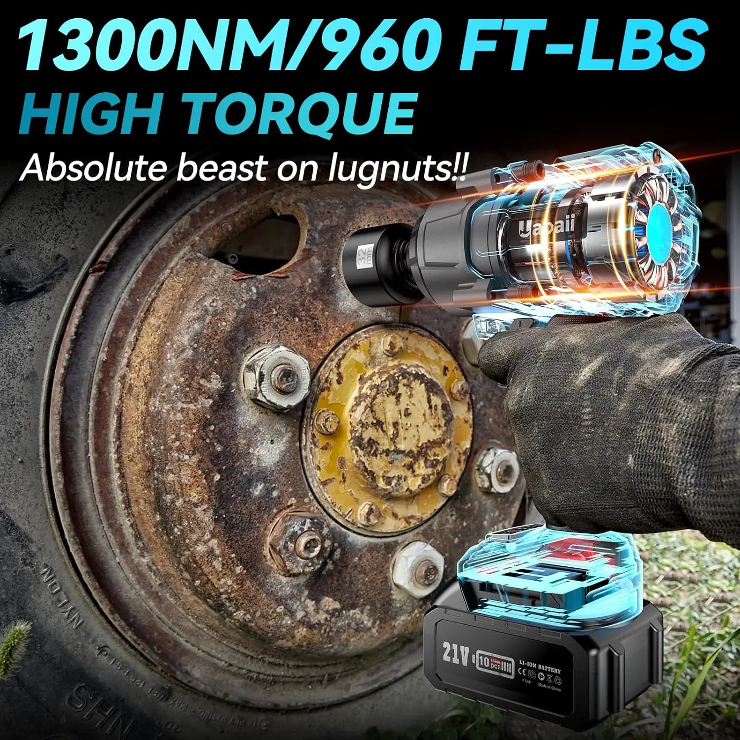 Uaoaii مفتاح ربط لاسلكي 1300Nm عزم الدوران الوحش تأثير بندقية 2 قطعة بطارية 5.0Ah 5 مآخذ مفتاح ربط كهربائي لشاحنة RV