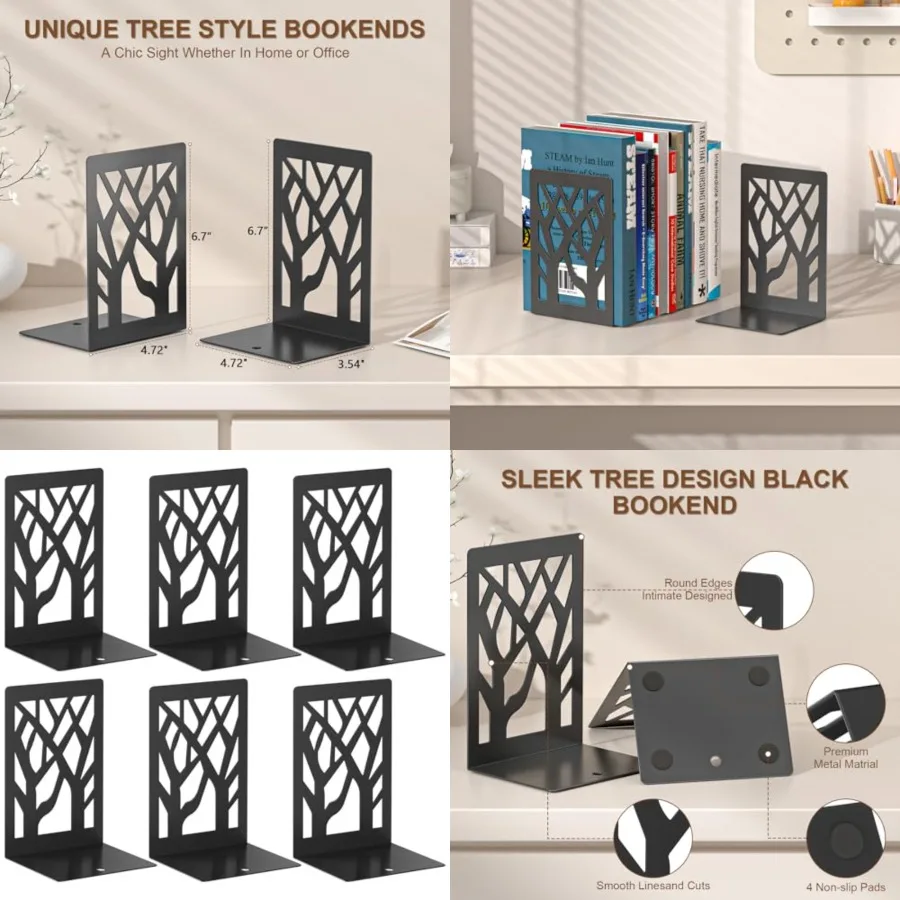 

6-Piece Modern Metal Bookends for Shelves, Black Tree Book Ends for Books, Decorative Book Organizer for Desk, Non-Skid Shelve