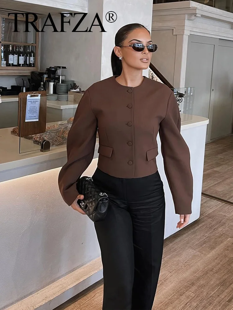 TRAFZA Women Brown Skirt Set Fashion Single Breasted O-Neck Pocket Short Coat + Solid Zipper Slim Mini Skirts Casual Streetwear