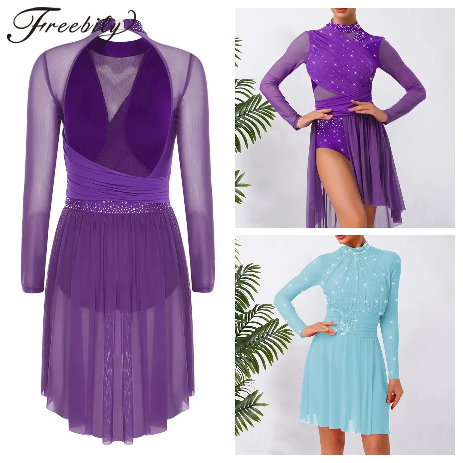 

Women's Ice Skating Dresses Adults Leotard Rhinestones Back Hollow Long Sleeve Figure Skating Costume Ballet Gymnastics Outfits