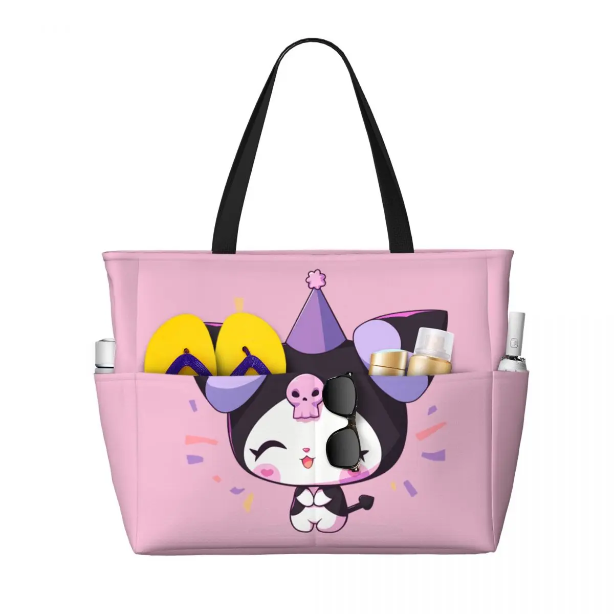 

Custom Cartoon Kuromi With Party Hat Tote Bag for Women Large Capacity Cute Rabbit Beach Gym Travel Bags