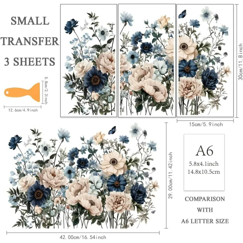3pcs/Set Flower Rub on Transfers for Furniture and Crafts 6x12 Inch Dark Floral with 1pc Scraper for Wood Furniture Home
