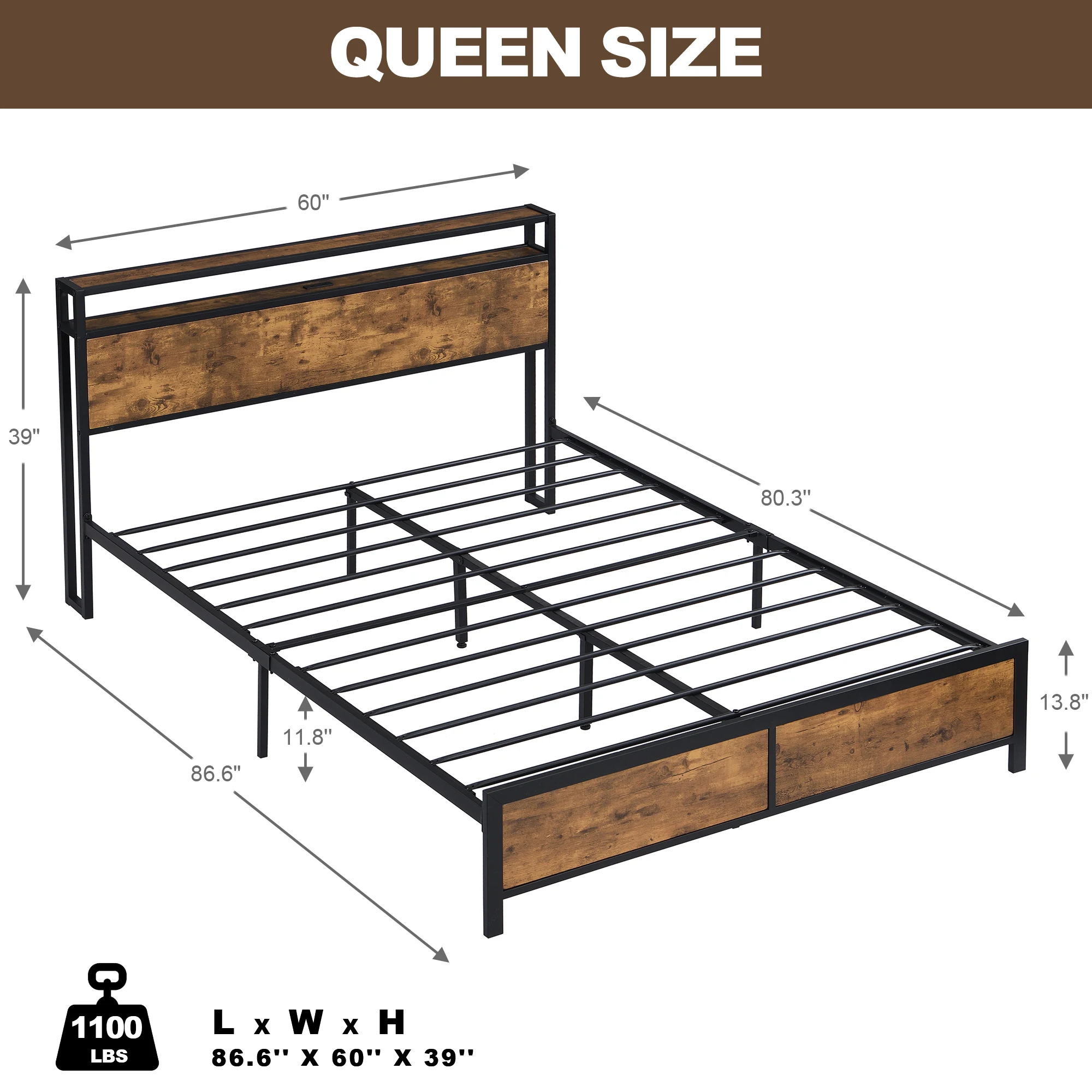 King/Queen/Full Size Industrial Bed Frame Noise Free with LED Lights&2 USB Ports&Storage No Box Spring Needed Rustic Brown[US-W]