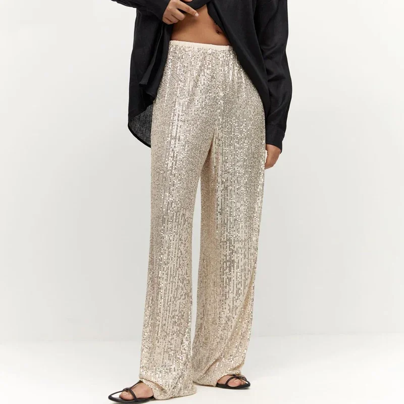 

Gold Silver Sequin Pants Woman High Waist Straight Pants Luxury Sparkly Party Club Outfit Trousers Casual Wide Leg Pants