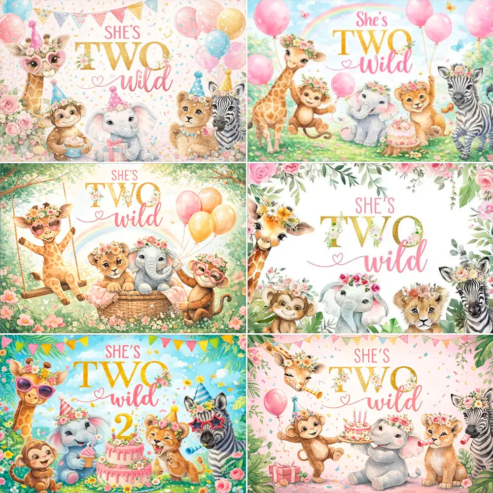 

She's Two Wild Theme Tropical Jungle Safari Photography Backdrop Newborn Baby Birthday Party Decor Family Photo Backdrop Poster