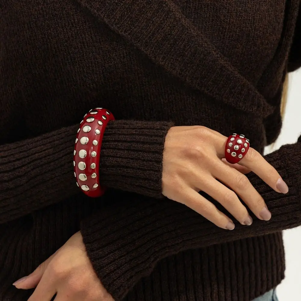 Minimalist Rivet Acrylic Bangle Punk Style Chunky Irregular Wide Bracelet Round Shape Embellishment Open Bangle Decoration