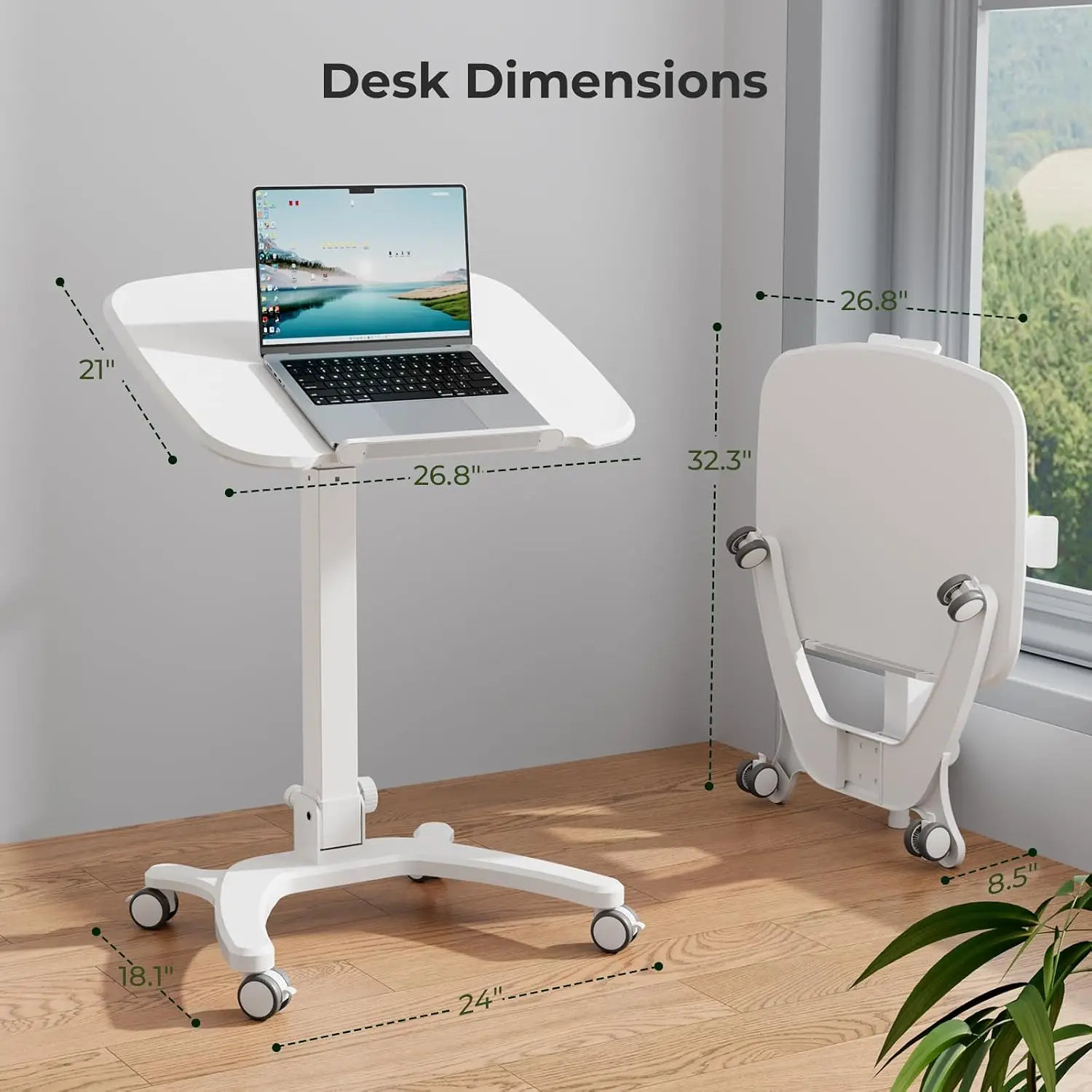 Foldable Standing Desk Mobile Laptop Cart Wheels Height Adjustable Rolling Computer Table Folding Desk Home Office Bedside Study