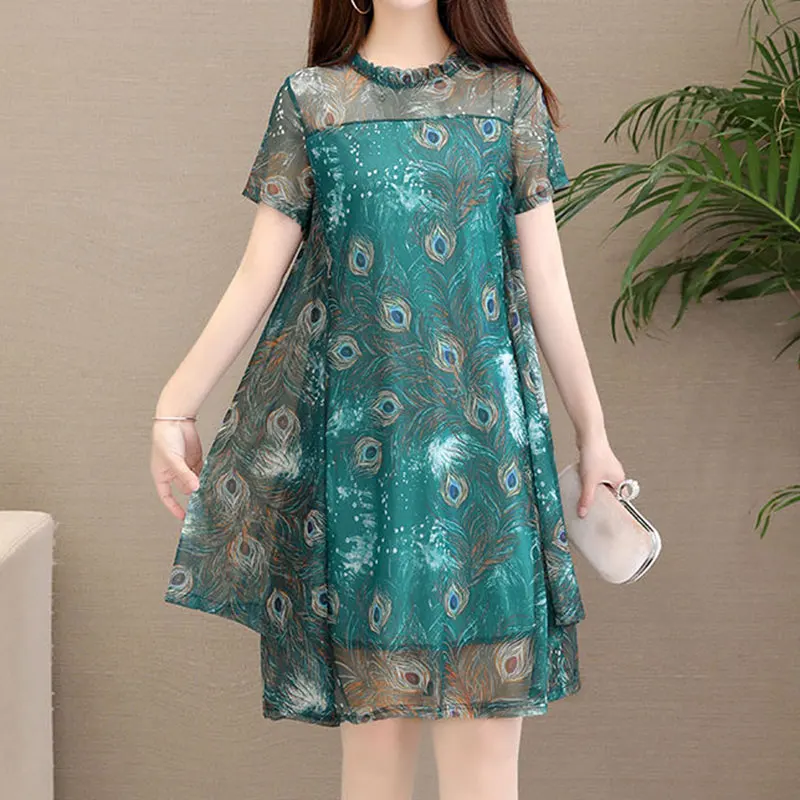 

Elegant Fashion Harajuku Slim Fit Female Clothes Loose Casual All Match A-line Skirt Patchwork Printed Short Sleeve Dresses