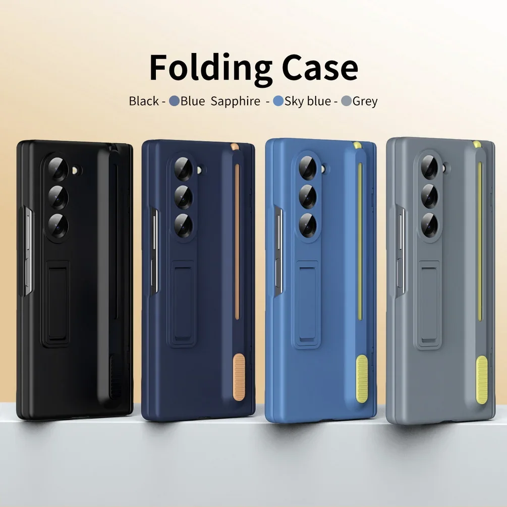 

For Samsung Galaxy Z Fold 6 5 4 3 Case Skin Friendly Matte Pen Slot with Pen Folding Hinge Stand Holder Tempered Film Hard Cover