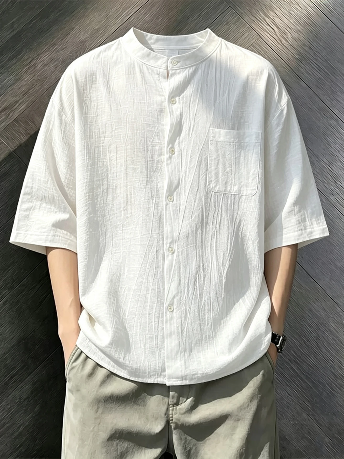 Lightweight Breathable Cotton Linen Short Sleeve Shirt Men Summer Loose Fit Sun Protection Top White Silk Linen Casual Style
