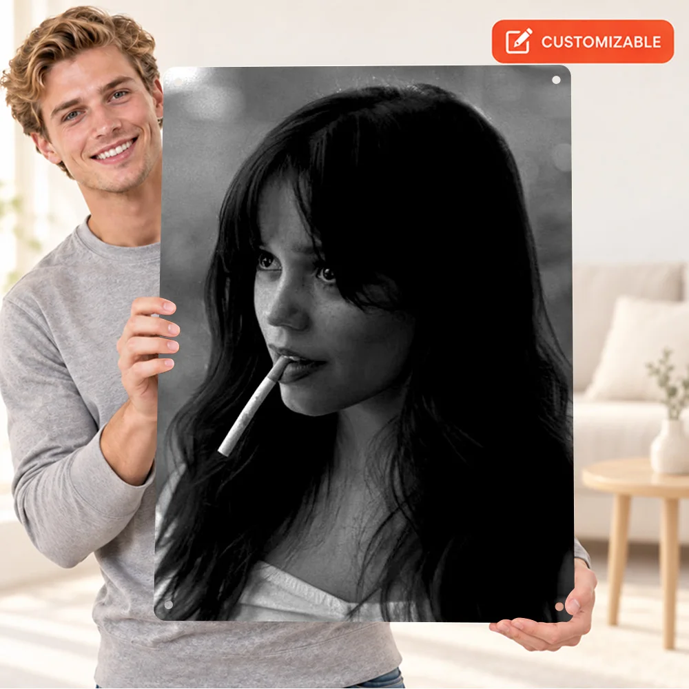 Jenna Ortega Portrait With Cigarette Actor Aluminum Poster Personalized Metal Sign Contrast Cinematic Wall Art For Cinema Room