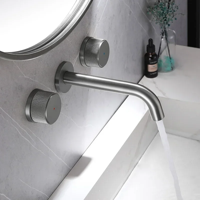 Gunmetal/Matte Black Wall Mounted Bathroom Faucet Hot & Cold Water Mixer Double Handle Basin Faucet