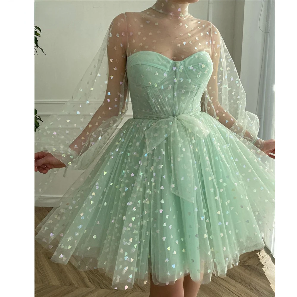 

2022 New Light Green Tulle Short Prom Dresses Puff Long Sleeves High Neck Ball Gown Homecoming Party Dress With Bow Sash