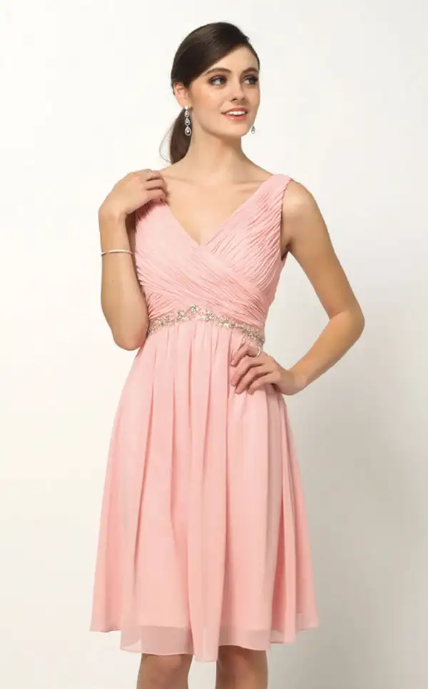 

Customized Exquisite Chiffon Criss-Cross Pleat Rhinestone Sash A-line V-neck Knee Length Dresses Bespoke Occasion Dresses Casual