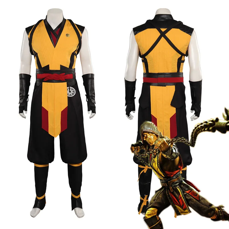 Mortal Cos Kombat Scorpion Cosplay Costume Vest Pants Waist Rope Accessories Men Role Playing Outfits Hallowen Carnival Suit