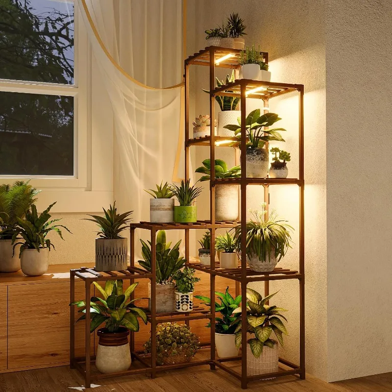 

Corner Plant Stand With Grow Lights - Tall Shelf Indoor Outdoor for Multiple Plants - Wood Table 7 Pots Flower Stands f