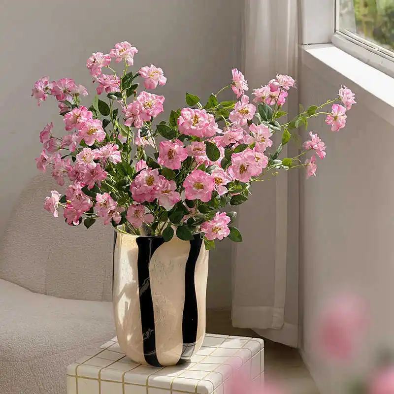 Vase of Ancient Straight Tube Milk Tea Stripe Art Hydroponics Flowers Small High-end Light Luxury Glass Vase Ornaments