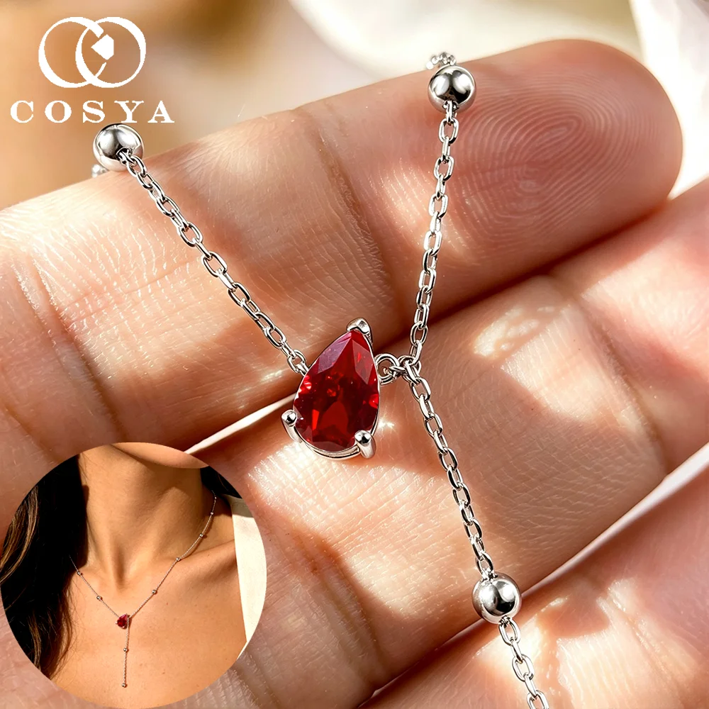 COSYA 1/2CT Pear Lab Grown Ruby/Colombian Emerald for Women S925 Silver Waterdrop Y Style Adjustable Chain Dainty Jewelry Gift