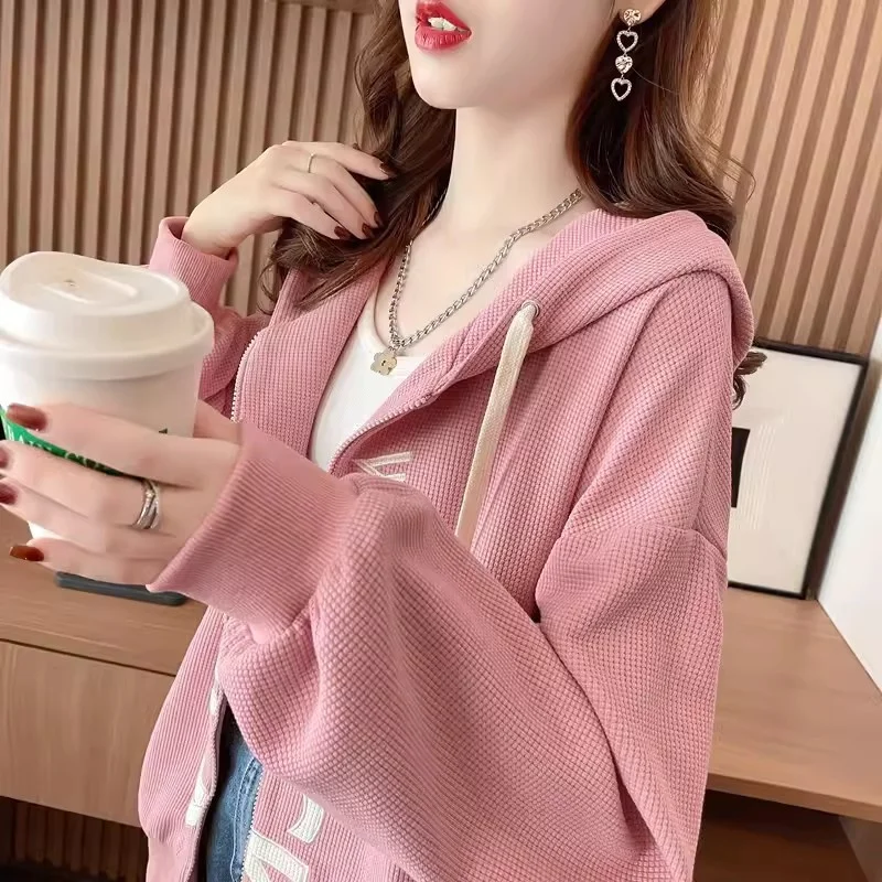 Waffle Hoodie Women's 2024 Spring and Autumn New Korean Edition Loose and Versatile Early Autumn Thin Small Cardigan Coat Trend