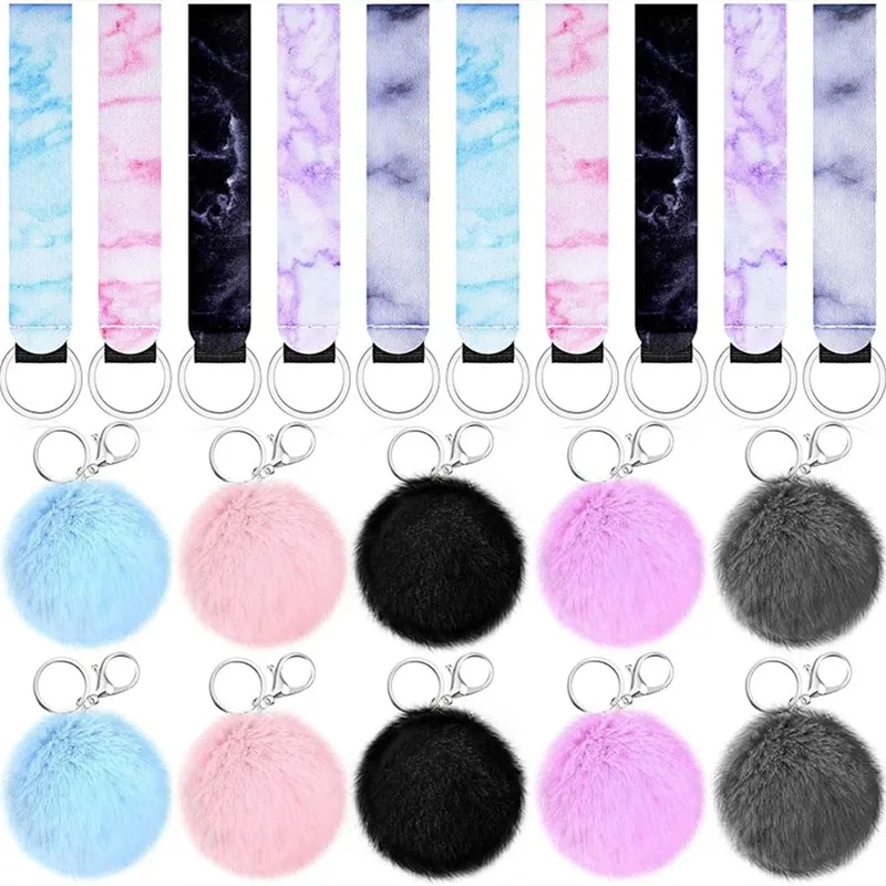 20Pieces Marble Lipstick Holder Keychain Colorful Lip Balm Holder Cute Poms Keychains Key Lanyard Wrist Short Lanyard for Keys