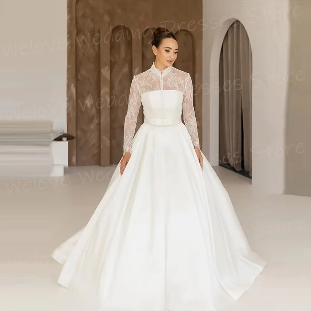 ชุดแต่งงานผู้หญิงทรงเอไลน์เรียบหรู คอสูง แต่งลูกไม้ แขนยาว แบบสั่งตัดได้ ชุดเจ้าสาว Vestido De Novia