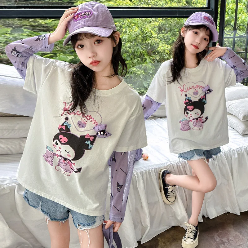 Kawaii Anime Kuromi Girls Short Sleeve Summer Sunscreen Long Sleeve T-Shirt Kids Fashion Cartoon Print Tops Versatile Shirt Cute