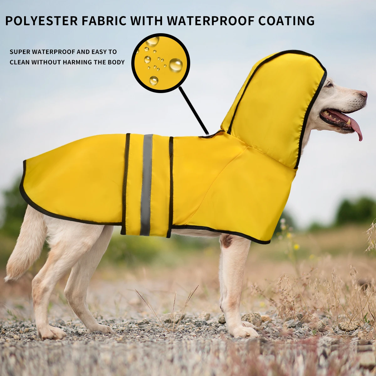 Waterproof Dog Raincoat with Hood, Reflective Strip Lightweight Pet Rain Jacket, Adjustable Strap Dog Rain Poncho for Medium Lar