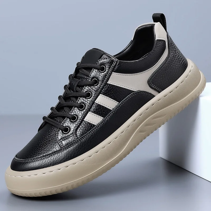 

Spring Autumn New Cow Leather Sneakers for Men Lace Designer Fashion Board Shoes Male Wear-resistant Soft Sole Casual Shoe Ma