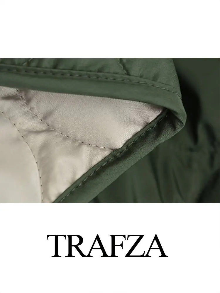 TRAFZA Women\'s Winter Warm Loose Cotton Clothing Retro Dark Green Zipper Decoration Elegant Women\'s Casual Pocket Rhombus Jacket