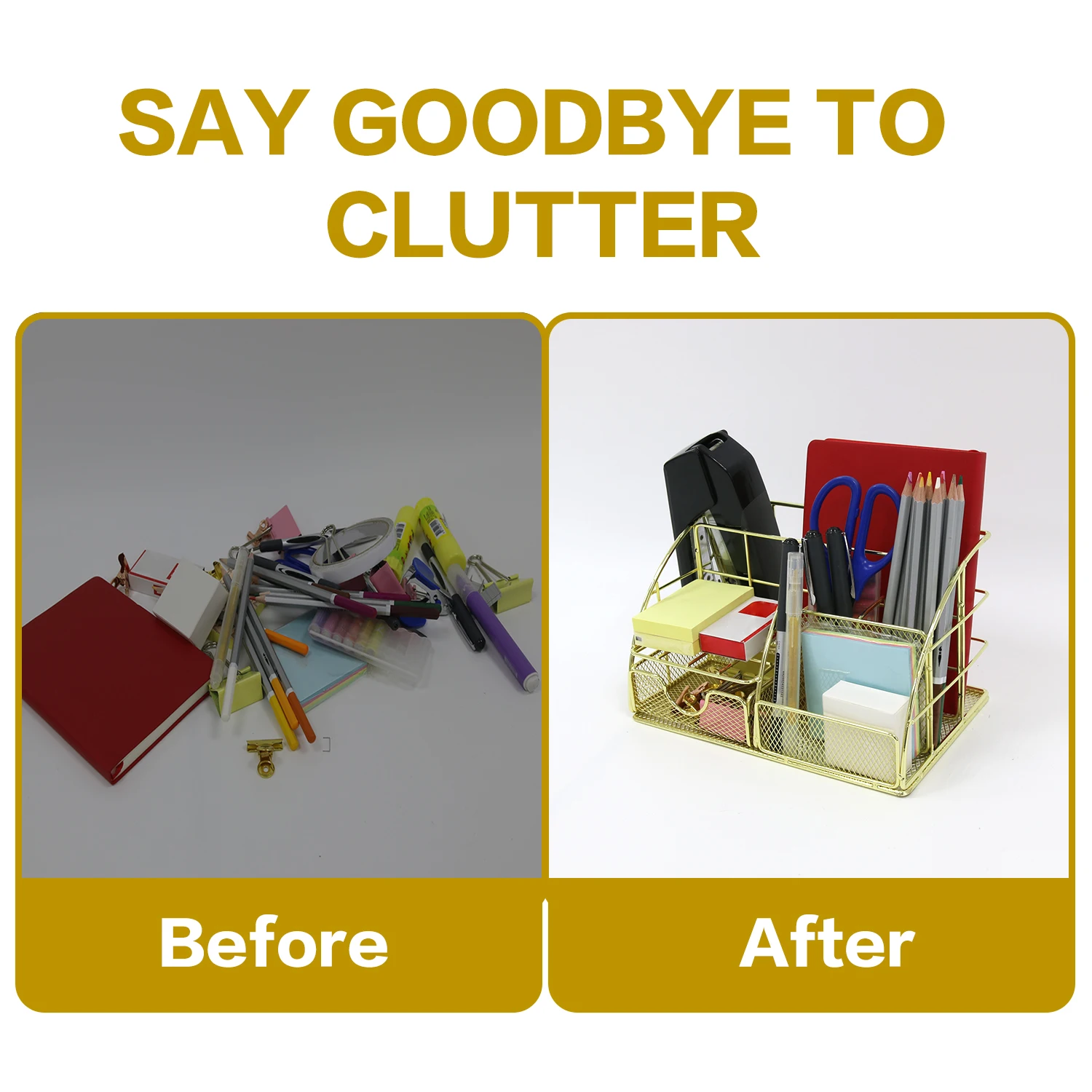 منظم سطح المكتب المعدني الذهبي، شريط ملفات متعدد الوظائف، رف تخزين اللوازم المكتبية، حامل القرطاسية ومستحضرات التجميل، مدمج F