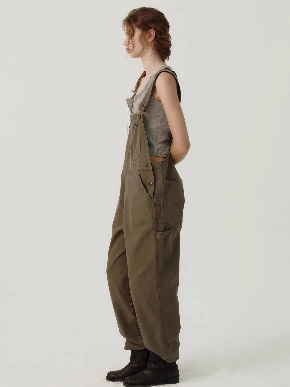 

Loose Straight Leg Khaki Military een Denim Overalls Women's Wide Leg Pants Street Sle mid Waist Long Trousers