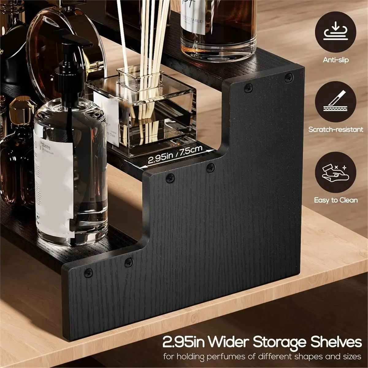 Home Tool Cologne Organizer for Men, 4 Tier Wooden Cologne Display Stand, Waterproof Anti-Slip Perfume Shelf Riser, Wood