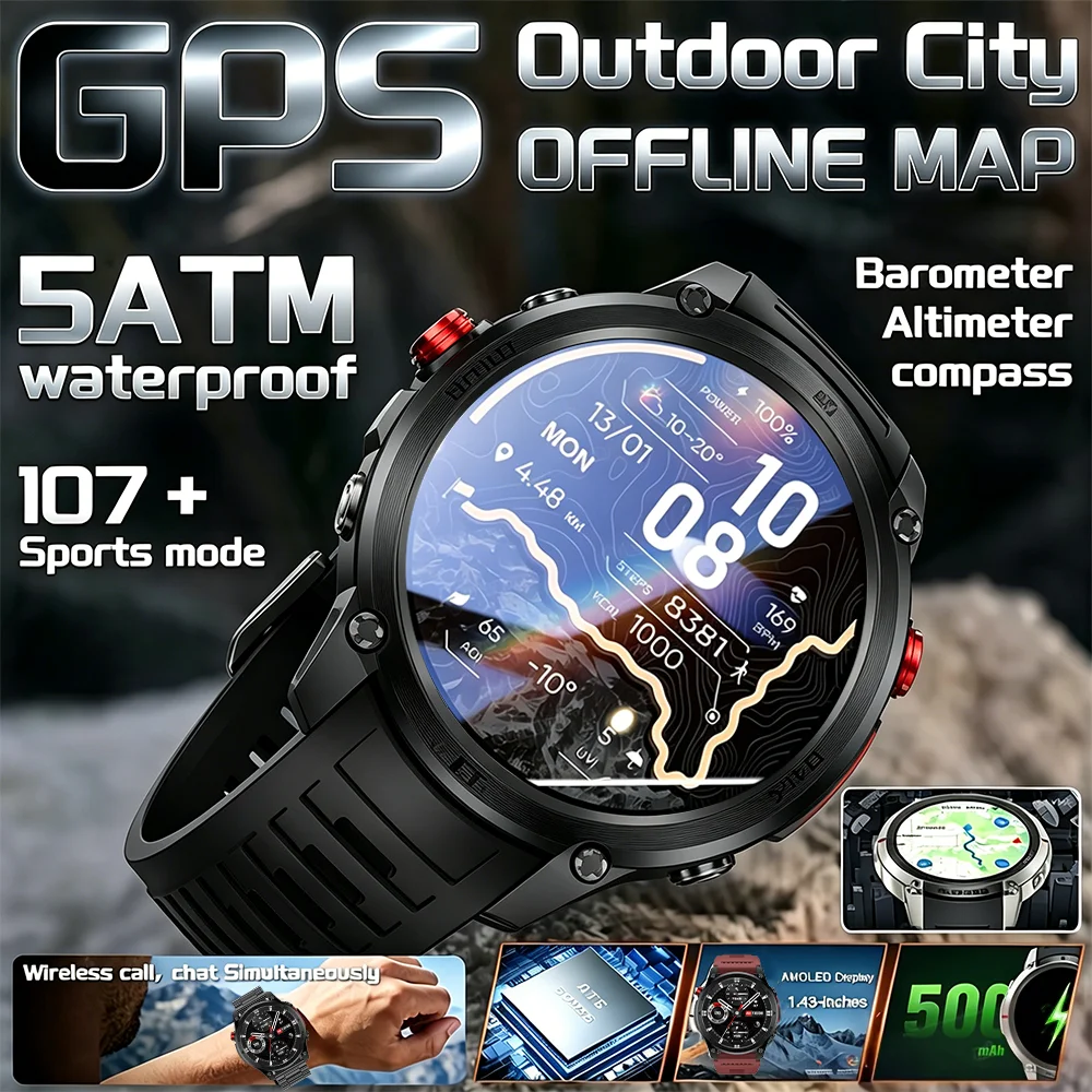 Montre connectée de sport avec GPS, boussole, écran AMOLED de 1.46 pouces, fréquence cardiaque, appels Bluetooth, horloge d'extérieur, pour IOS et Android, nouvelle version améliorée